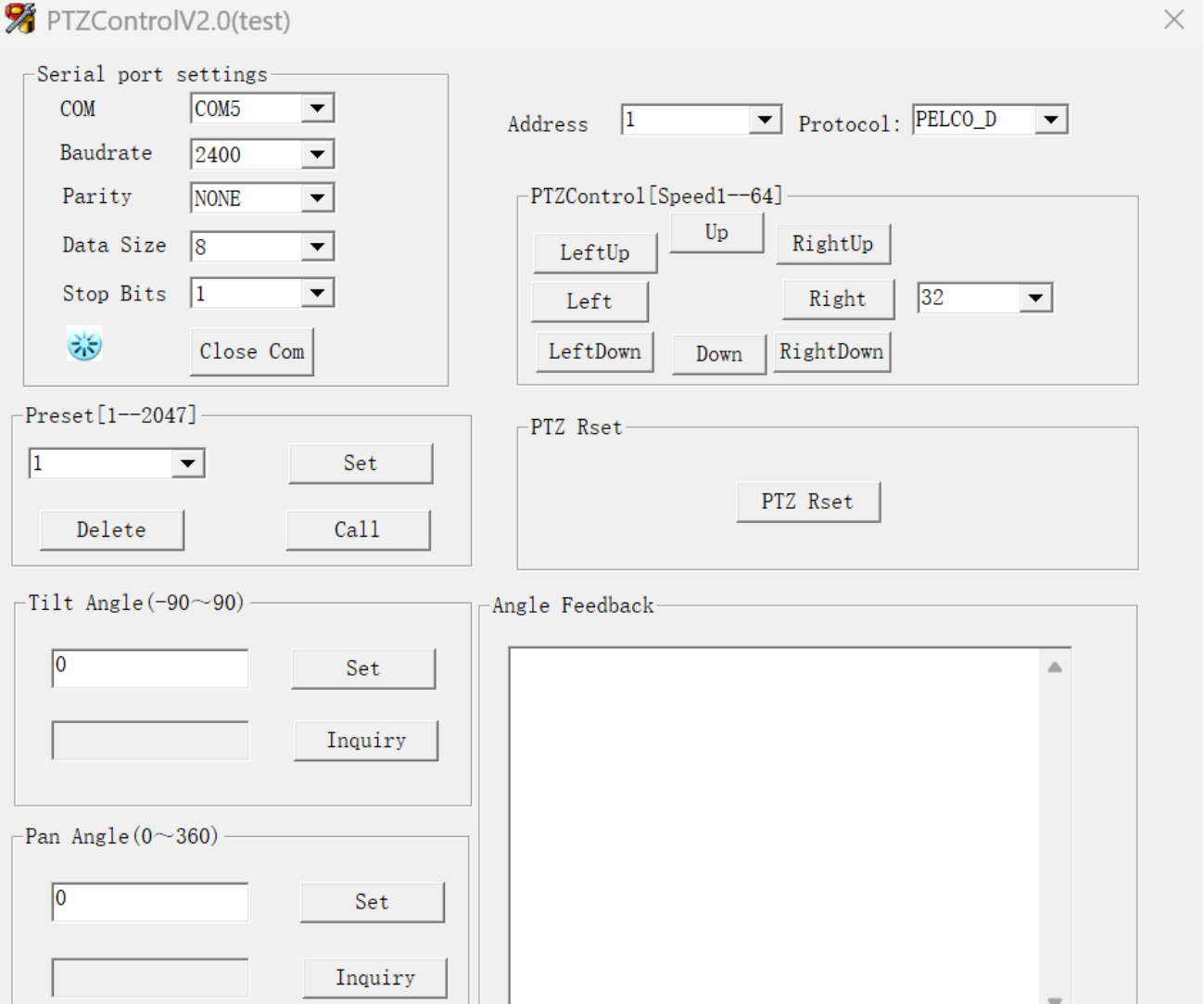 RS485/RS422 Pan Tilt enhetskontroll programvara för Windows.